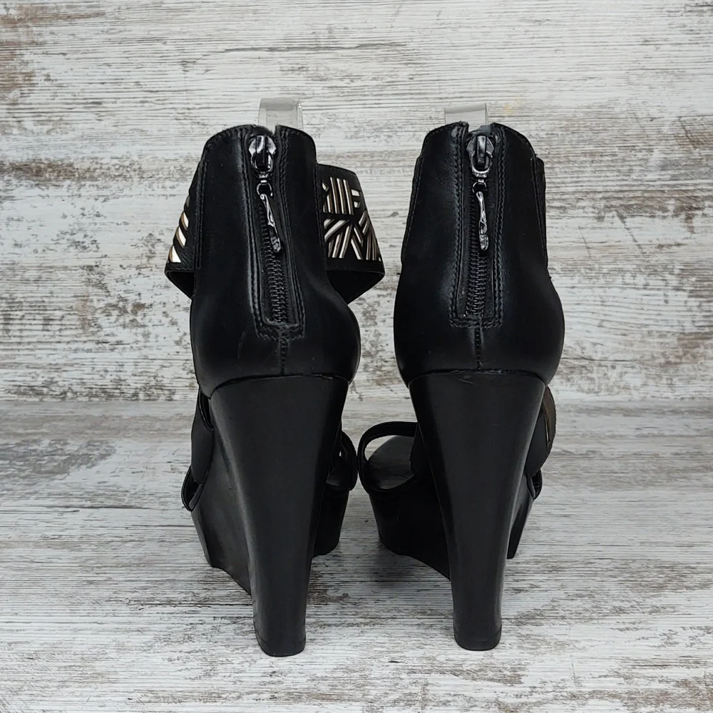 Diane Von Furstenberg Black Cutout Leather Wedge Sandals - Picture 12 of 15